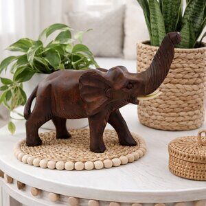 Hand-Carved Wooden Elephant Figurine With Faux Ivory Tusks 9" Long Rustic Brown